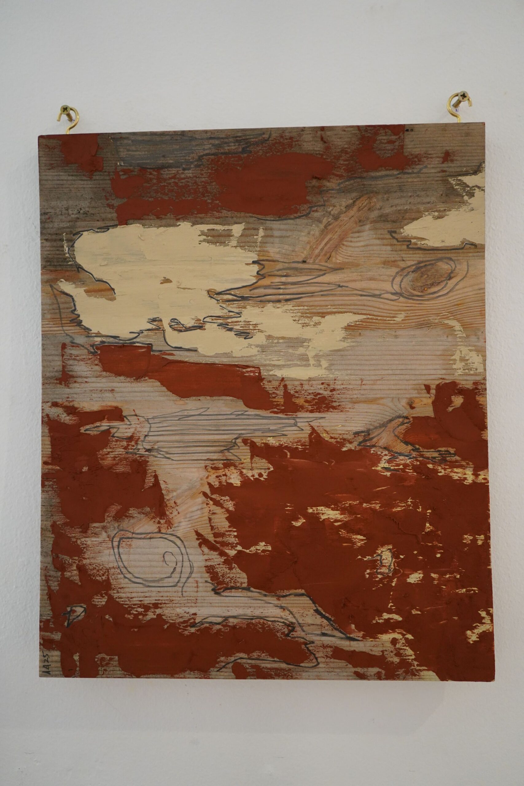 Ana Alvelos - MAPS - 2025 - Homemade oil paint on wood. Lines draw borders, shape new lands and oceans, like maps. Tectonic faults, winds or organic forms are born after ink shapes.