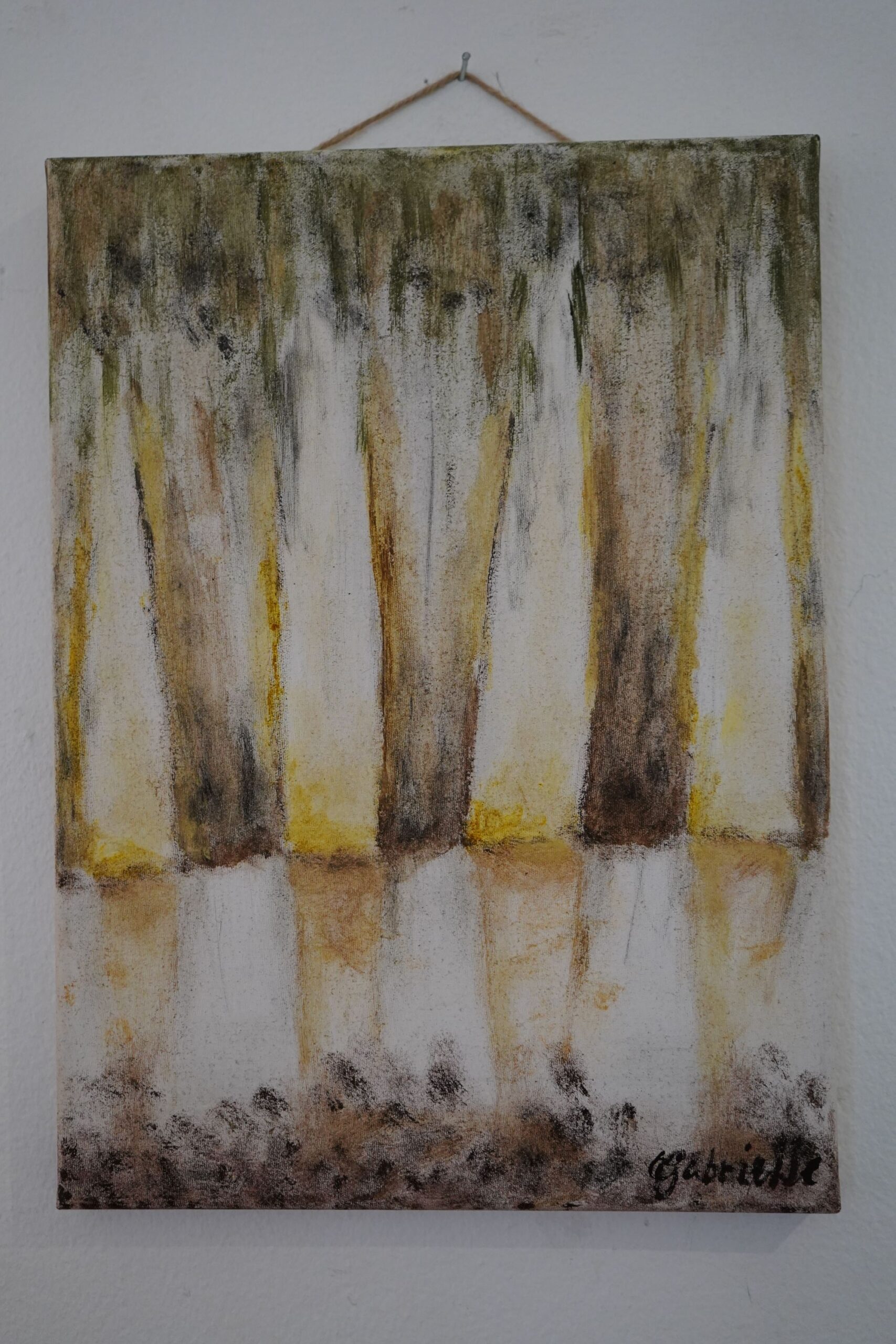 Gabrielle van Der Wal - Bokskog - 2025 - Canvas, egg tempera, pigments made from ash and other sources. Light streams out between tree trunks.