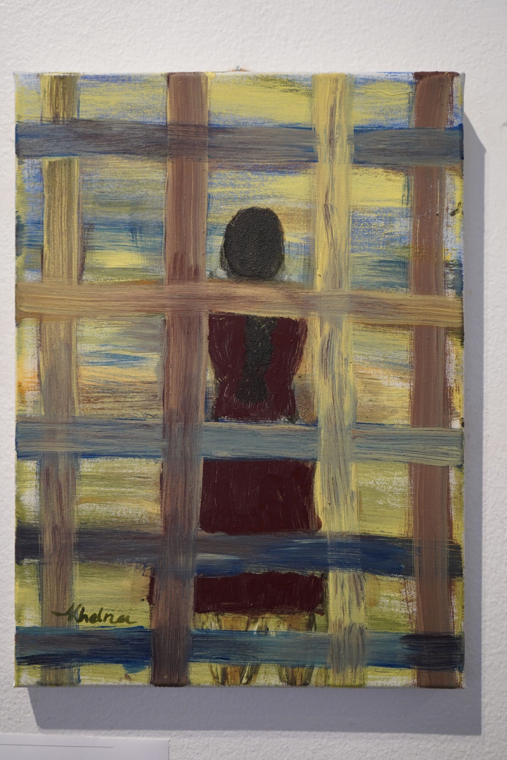 Khelna Daien - Kvinna i Friheten - 2025 - Egg tempera. She comes from the bars behind her and from being a prisoner. Now she is in freedom.