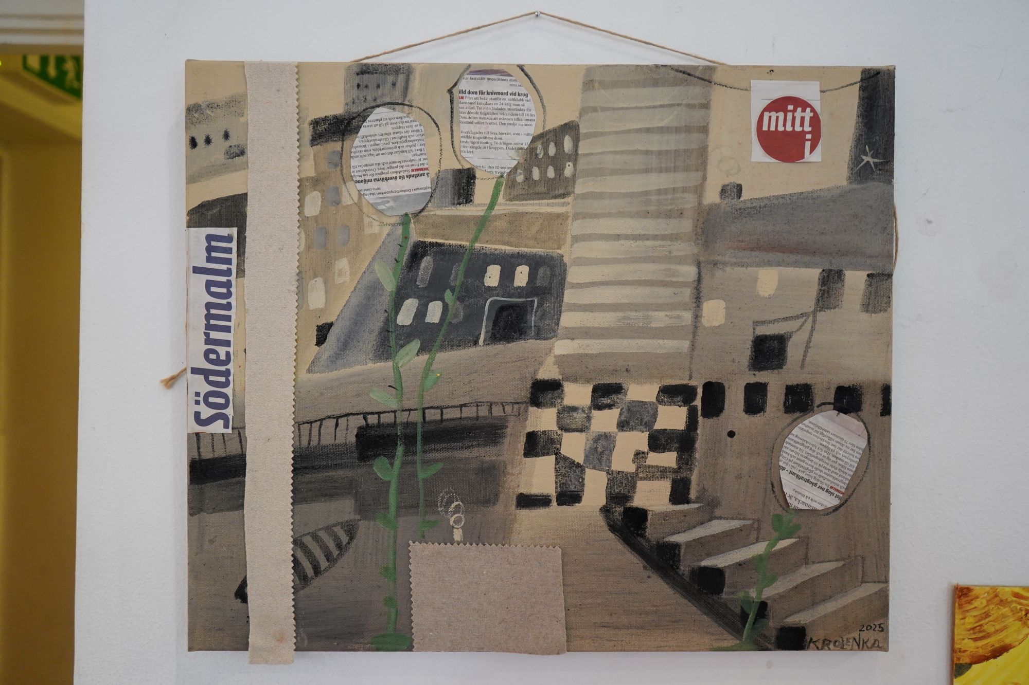 Krasuska Olenka (Alexandra Krasuska) - Grå Dagar - 2025 - Homemade oil paint, egg tempera, newspaper clippings, cloth, homemade glue.