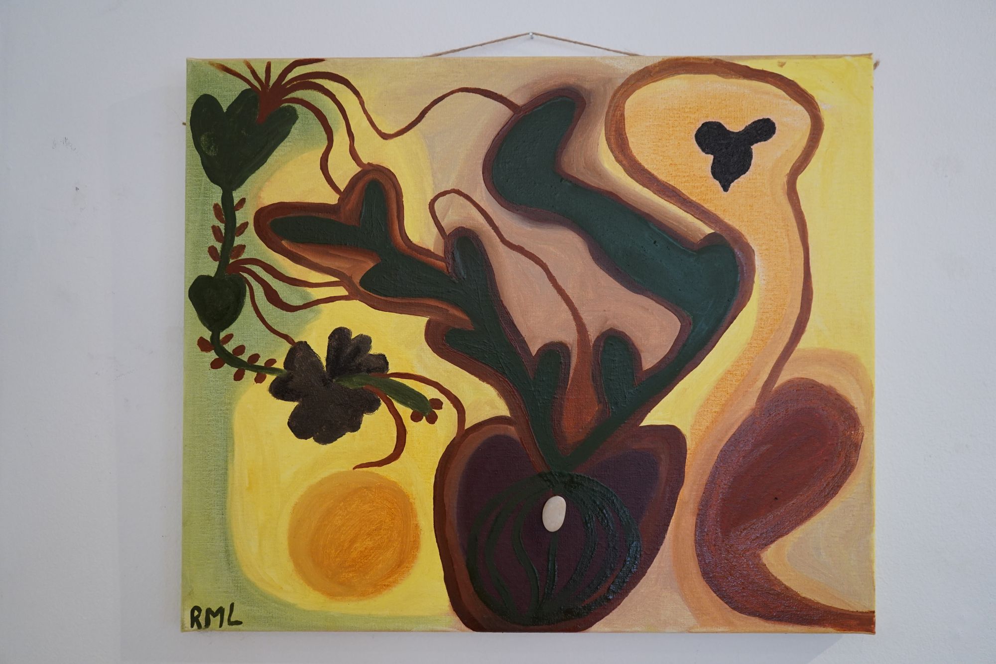 Rosa Maria Leonard - Connection - 2025 - Canvas, oil paint, stone. Everything is connected. From a seed in the earth to the entire universe.